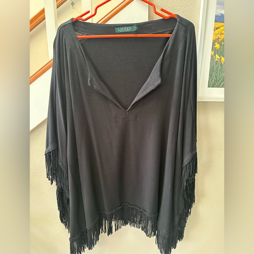 Lauren by Ralph Lauren Womens Black Fringe Poncho Blouse in XXL